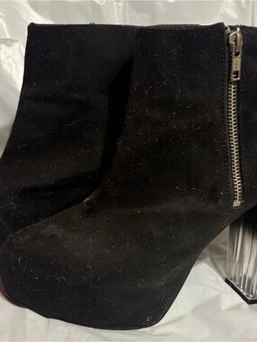 Divided Black Suede Ankle Booties with Clear Block Heel